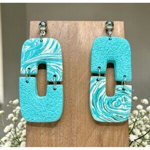 Handcrafted Blue Swirl & Silver Dangle Polymer Clay Earrings w/ Stainless Steel